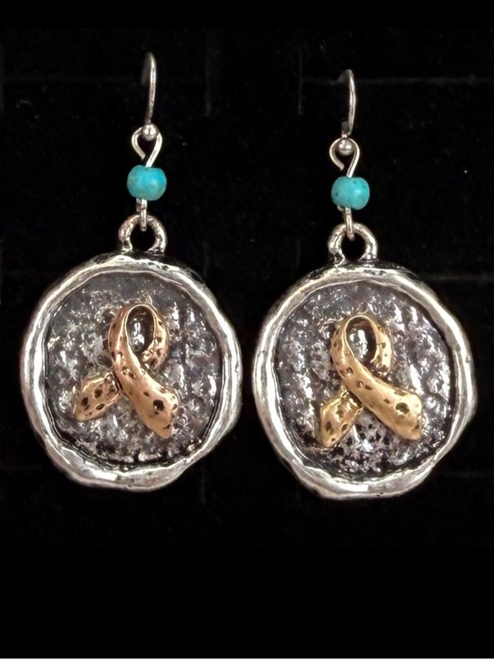 Beautiful silvertone bronzetone cancer awareness ribbon pierced dangle earrings